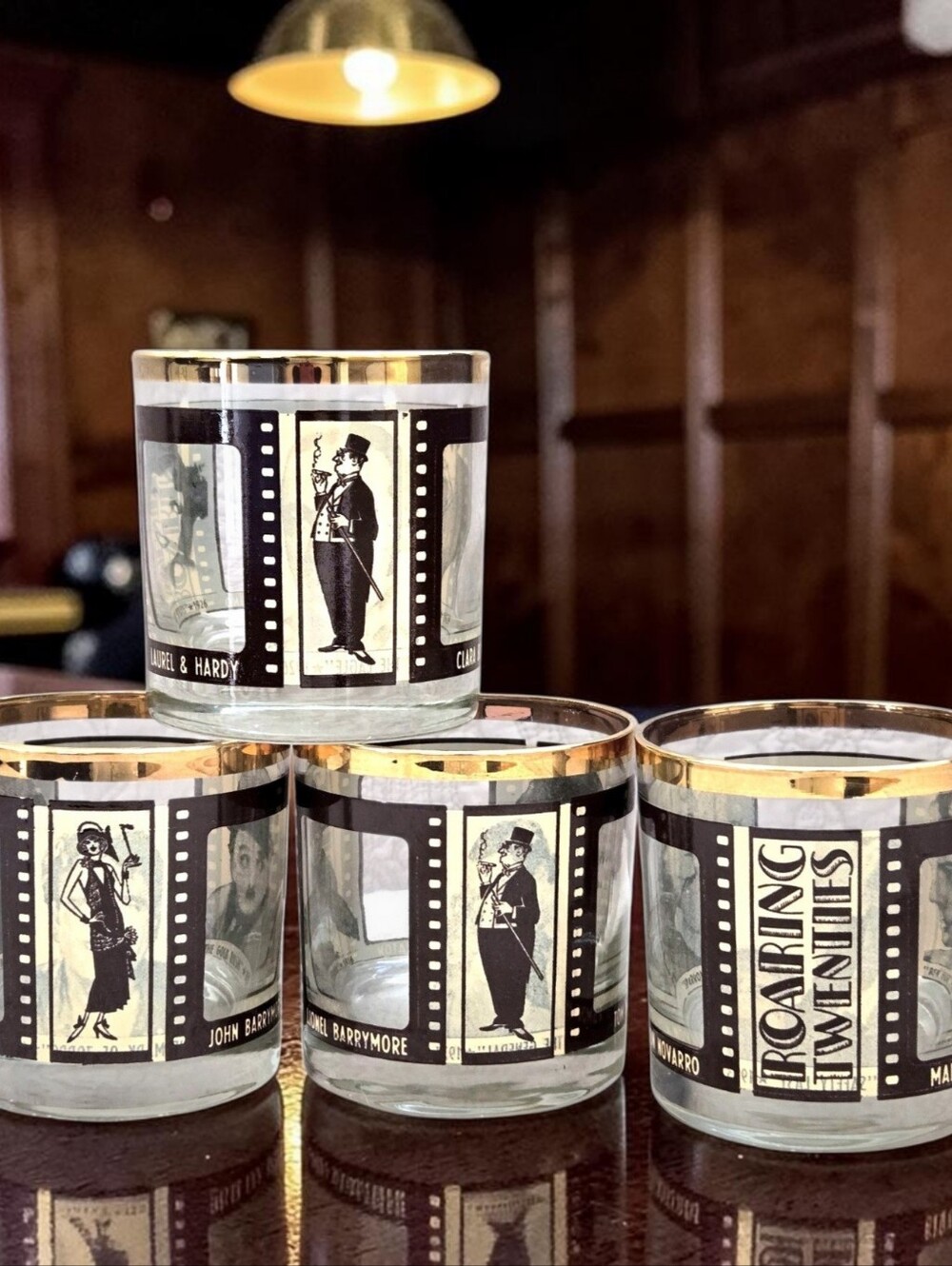 Vintage Houze Art Roaring Twenties Peek-a-boo low ball glasses Set of FOUR